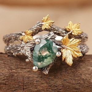 Natürliche Birne Moosachat Ring Set Einzigartige Grün Moosachat Ast Ring Zweig und Blatt Ring Ahornblatt Ring Achat Blatt Verlobungsring