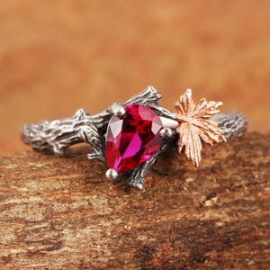 Zweig und Blatt Verlobungsring, Rubin Verlobungsring, Maple Leaf Ring, Ahornblattring