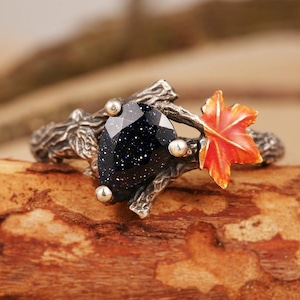 Benutzerdefinierte Natürlicher Blauer Sandstein Zweig Verlobungsring, Rebe Sandstein Stein Ring, Ahornblatt Sterling Silber Ring, einzigartige handgefertigte Rebe Ring