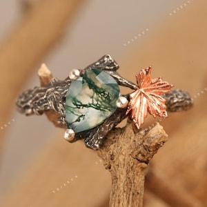 Natural Tree Branch and Maple Leaf Moss Agate Engagement Ring 925 Sterling SilveWedding Rings Promise Ring for Her Valentine's Day Gift