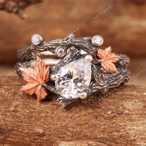 Moissanite Ring Versprechen Ring, Birnenschliff Verlobungsring, Zweig und Ahornblatt Moissanite Ring Ehering Versprechen Ring Geschenke für Frauen