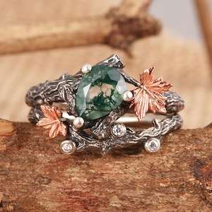 Natürliche Moosachat Ring Set, Birnenschnitt Verlobungsring, Zweig und Ahornblatt Moosachat Ring Ehering Versprechensring Valentinstag Geschenk