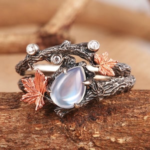 Natürlicher Mondstein Ring, Tropfen Verlobungsring, Zweig und Ahorn Blatt Moosachat Ring Ehering Versprechen Ring Geschenk für sie