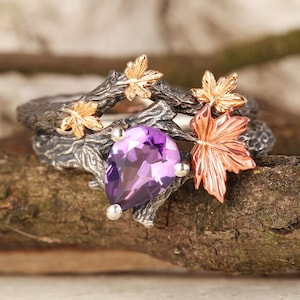 Natürliche Amethyst Ahornblatt Verlobungsring Set Blatt Zweig Amethyst Edelstein Ring Ahornblatt Sterling Silber Ring Einzigartige Birne Amethyst Ring