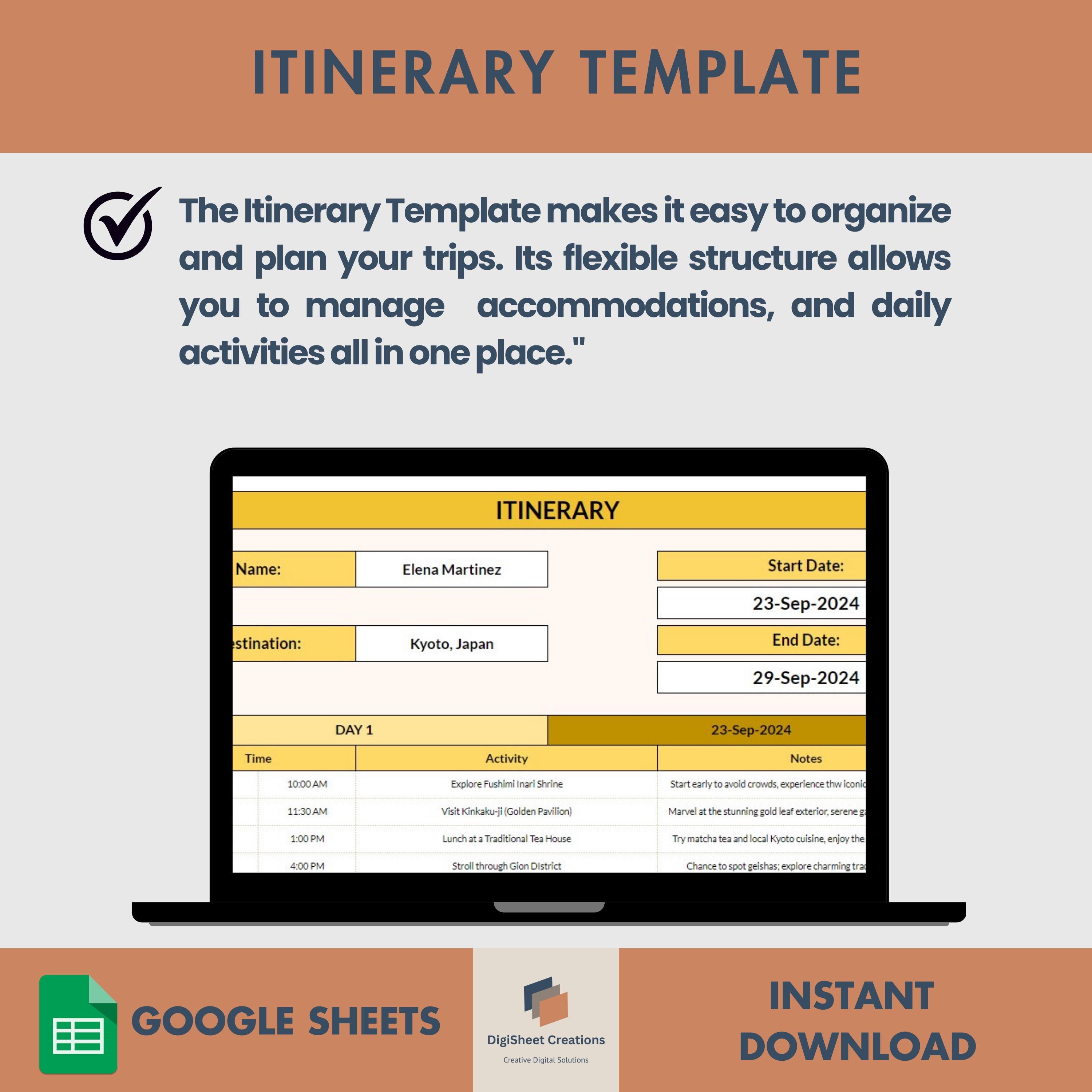 Editable Travel Itinerary Template, Google Sheets Format, Travel ...