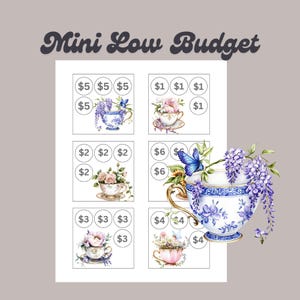 Miniconjunto digital de desafíos de ahorro de bajo presupuesto / Taza de té floral / Rastreador de sobres de efectivo / Tamaño 3x3 / Descarga digital
