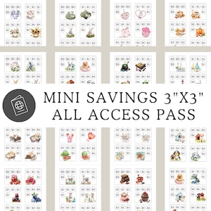 Op de afbeelding: Een collage van mini-spaarpassen, elk met verschillende illustraties en prijzen. De kaarten zijn voorzien van het opschrift "MINI SAVINGS 3"X3" ALL ACCESS PASS."