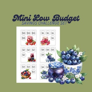 Conjunto de desafíos de ahorro de bajo presupuesto en formato digital en miniatura / Ahorros en frutos del bosque / Rastreador de sobres de efectivo / Tamaño 3x3