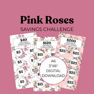 Sistema de pasta de dinheiro digital Pink Roses Cash Stuffing Rastreadores de economia de orçamento pessoal | Inserção de carteira de envelope de economia | Baixo orçamento