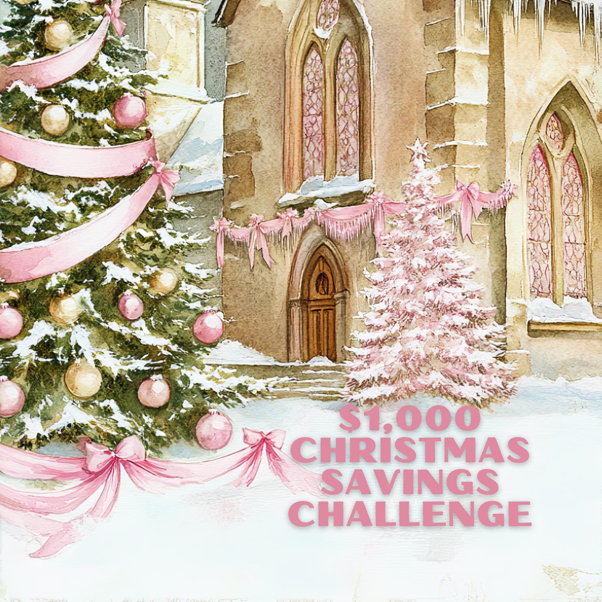 Christmas Savings Binder Bundle | 1000 Goal | Cash Envelope System | Pink Church Theme | A6 Clear Binder