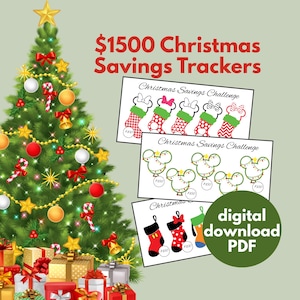 Puede incluir: Tres rastreadores de ahorros navideños imprimibles con Mickey Mouse y Minnie Mouse. Los rastreadores están diseñados para ayudarte a ahorrar 1500 € para Navidad. El texto en los rastreadores dice "Christmas Savings Challenge". Los rastreadores están disponibles como descarga digital PDF.