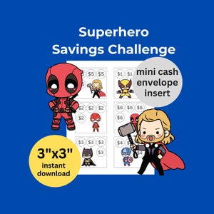 Minijuego de desafíos de ahorro digitales de bajo presupuesto / Set 2 de superhéroes kawaii / Rastreador de sobres de efectivo / Tamaño 3x3