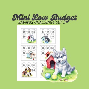 Conjunto de desafíos de ahorro de bajo presupuesto en formato digital en miniatura / Conjunto de 3 sobres de ahorro para amantes de los cachorros / Rastreador de efectivo / Tamaño 3x3 / Ahorro para amantes de los perros
