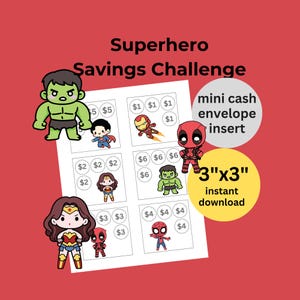 Minijuego de desafíos de ahorro digitales de bajo presupuesto / Set 1 de superhéroes kawaii / Rastreador de sobres de efectivo / Tamaño 3x3