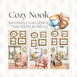 Pacote de rastreador de desafios de economia Cozy Nook | Download digital A6 3"x6" | Sistema de encadernação para enchimento de dinheiro | Rastreador de economia de carteira de envelope de dinheiro
