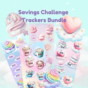 Könnte beinhalten: Ein Satz druckbarer Spar-Challenge-Tracker mit einer Vielzahl süßer, pastellfarbener Illustrationen, darunter Herzen, Marshmallows, Lutscher und heiße Schokolade. Die Tracker sollen dir helfen, Geld zu sparen und deine finanziellen Ziele zu erreichen. Die Tracker beinhalten Beträge von 10 €, 15 €, 20 € und 30 €.