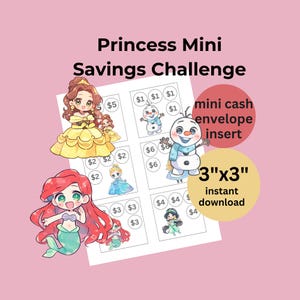Minijuego de ahorro digital de bajo presupuesto / Conjunto de princesas chibi kawaii 1 / Rastreador de sobres de efectivo / Tamaño 3x3