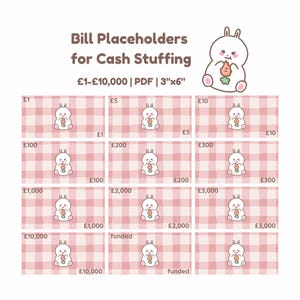 Segnaposto per banconote da una sterlina a quadretti Bunny per riempire contanti / Raccoglitore essenziale per budget stampabile / Pacchetto segnaposto per denaro / Soldi di scena A6