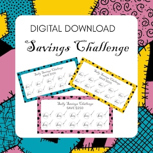 Puede incluir: Tres tarjetas imprimibles con el tema "Sally Savings Challenge". Cada tarjeta presenta una cantidad diferente para ahorrar: 100 €, 250 € y 500 €. Las tarjetas están decoradas con lunares negros y blancos y un corazón con una aguja e hilo.