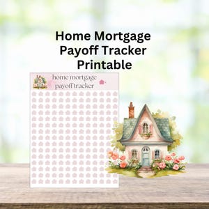 Può includere: Tracker di rimborso del mutuo per la casa stampabile con una graziosa illustrazione di un cottage. Il tracker presenta una griglia di 100 piccole icone di case per segnare i pagamenti.