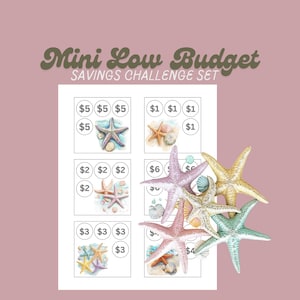 Conjunto de desafíos de ahorro de bajo presupuesto en formato digital en miniatura / Estrella de mar junto al mar / Tema náutico costero / Rastreador de sobres de efectivo / Tamaño 3x3