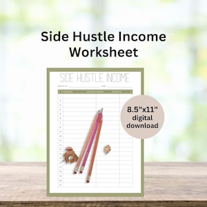 Hoja de trabajo para el seguimiento de ingresos de Side Hustle PDF / Presupuesto simple / Finanzas del hogar