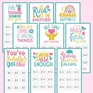 May include: A collection of colorful, inspirational quote cards with teal borders. Each card features uplifting messages like "You are Enough" and "Choose Happiness," along with price circles. The cards are designed with various fonts and graphics.