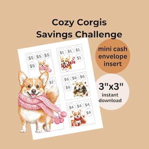 Minijuego digital de desafíos de ahorro de bajo presupuesto / Corgis acogedores / Rastreador de sobres de efectivo / Tamaño 3x3 / Ahorro para amantes de los perros