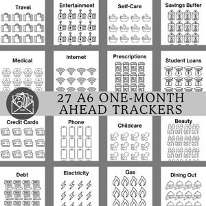 May include: A set of 27 printable A6 one-month ahead trackers for budgeting and planning. The trackers include categories such as travel, entertainment, self-care, savings buffer, medical, internet, prescriptions, student loans, credit cards, phone, childcare, beauty, debt, electricity, gas, and dining out.