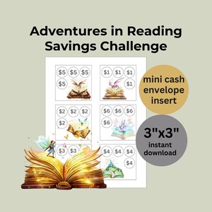 Minijuego digital de desafíos de ahorro de bajo presupuesto / Aventuras en la lectura / Rastreador de sobres de efectivo / Tamaño 3x3