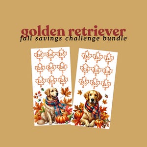 Pacote de Desafio de Poupança de Outono para Golden Retriever | Rastreador de Poupança para Impressão | Digital | Sistema de Encadernação de Dinheiro | Encarte de Carteira com Envelope de Dinheiro