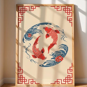 Póster de pez koi japonés, decoración de pared retro de moda, arte oriental, arte pop, estilo cómic, impresión de pez koi, decoración de pared de peces de inspiración asiática, lindo