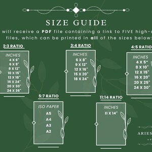 K&ouml;nnte beinhalten: Eine wei&szlig;e Grafik auf gr&uuml;nem Hintergrund mit dem Text "SIZE GUIDE" und einer Liste verschiedener Druckgr&ouml;&szlig;en in Zoll f&uuml;r verschiedene Seitenverh&auml;ltnisse, darunter 2:3, 3:4, 4:5, 5:7 und 11:14. Die Grafik enth&auml;lt auch die ISO-Papierformate A5, A4, A3 und A2.