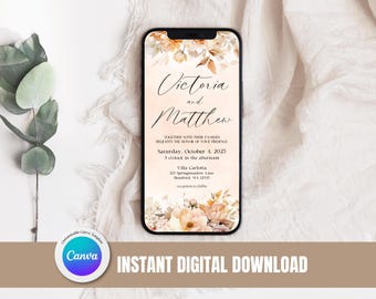 Könnte beinhalten: Eine digitale Hochzeitseinladung mit einem floralen Design in den Farben Pfirsich, Braun und Weiß. Der Text lautet "Victoria und Matthew" mit dem Hochzeitsdatum und den Ortsangaben darunter. Die Einladung ist für die Verwendung auf einem Mobiltelefon konzipiert.