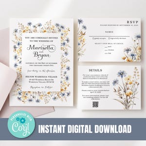 Dusty Blue Wedding Invitations Suite | Blue Floral Wedding Invitation Wildflower Spring Wedding Invitation Template Wildflower Boho