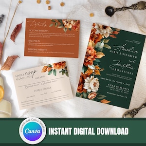 Terracotta Smaragd Hochzeitseinladung Set | Personalisierte Rost Hochzeitsvorlagen, Kupfer Thema, Romantisches Hochzeitsthema, Rost und Grün, TCA