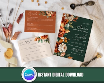 Terracotta Emerald Wedding Invitation Suite | Personalized Rust Wedding Templates, Copper Theme, Romantic Wedding Theme, Rust and Green, TCA