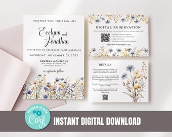Blue Wildflower Wedding Invitation Suite | Blue Boho Wedding Invitation Wildflower Spring Wedding Invitation Blue Floral Wedding Greenery