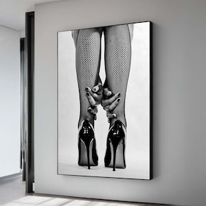 Bold Black and White Fashion Photography with Fishnet Stockings and High Heels | Sensual Art for Modern Wall Decor | Elegant and Edgy Print