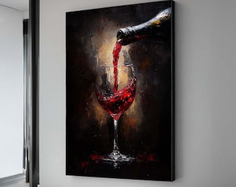 Red Wine Pour Canvas Art – Elegant Wine Glass Painting for Kitchen or Dining Room Wall Decor – Modern Wine Lovers Art Print