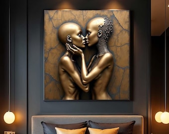 Abstract Kiss Canvas Print: Sensual Couple, Bedroom Wall Art
