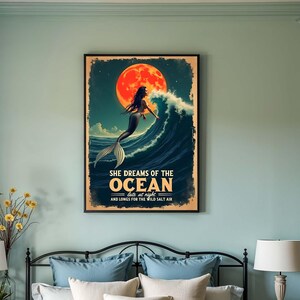 Ocean Dreaming Mermaid Art,Vintage Sea Fantasy Poster,Vollmond Ocean Wanddekor,Meerjungfrau Wandkunst,Nautische Inspiration Leinwand,fertig zum Aufhängen
