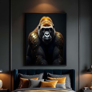 Majestic Gorilla Art, Golden Accents Animal Canvas, Gorilla Portrait, Bold Wildlife Wall Art, Ready to Hang Decor, Ready to Hang,Craft Gift