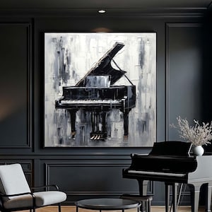 Black Grand Piano Canvas Art, Music Lovers Wall Decor, Abstract Piano Painting, Piano Wall Art, Music Canvas,Extra Large Wall Art,Craft Gift