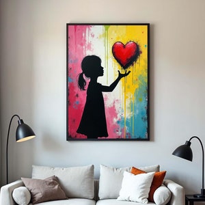 Love in Her Hands Silhouette Art, Colorful Urban Street-Banksy Canvas, Colorful Abstract Heart Canvas, Abstract Graffiti Wall Art,Craft Gift