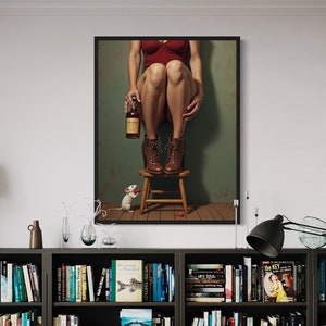 Whiskey Art, Sexy Woman, Mouse Print, Quirky Wall Decor, Vintage Pin-Up Style Poster, Fun & Flirty Art, Extra Large Wall Art,Craft Gift