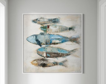Abstract Fish Painting: Textured Coastal Canvas Art