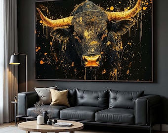 Majestic Bull Canvas Print: Gold and Black Animal Wall Art