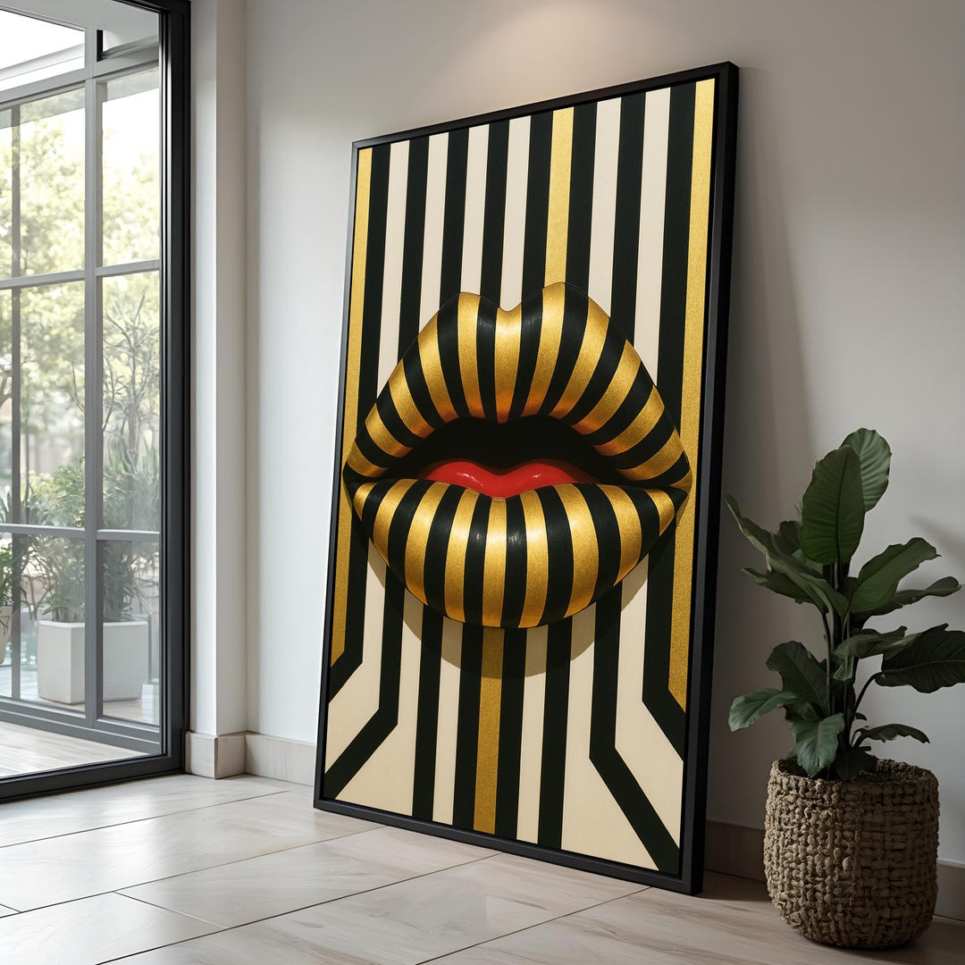 Pop Art Striped Lips Canvas, Gold & Black Lip Sculpture, Red