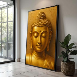 Golden Buddha Face Canvas Art: Spiritual Zen Meditation Decor